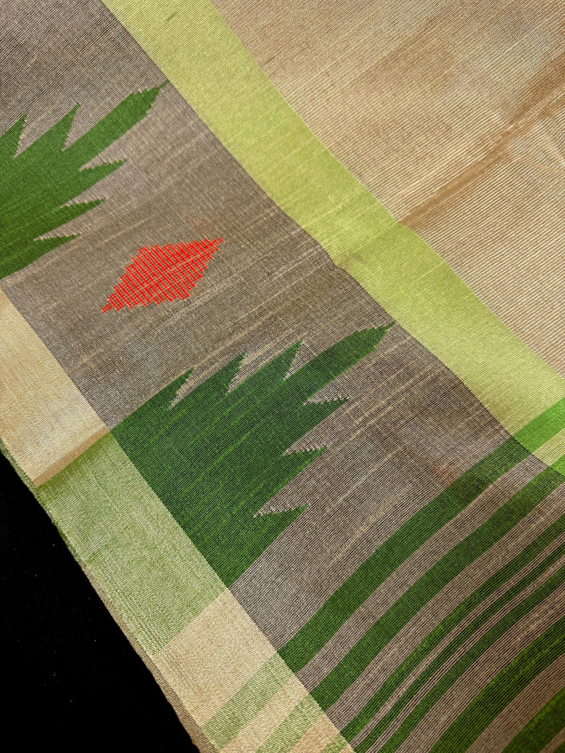 Handwoven Statement Greenish Gold Pure Pure Tussar Tissue Saree with Temple Border - Kaash