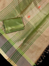 Handwoven Statement Greenish Gold Pure Pure Tussar Tissue Saree with Temple Border - Kaash