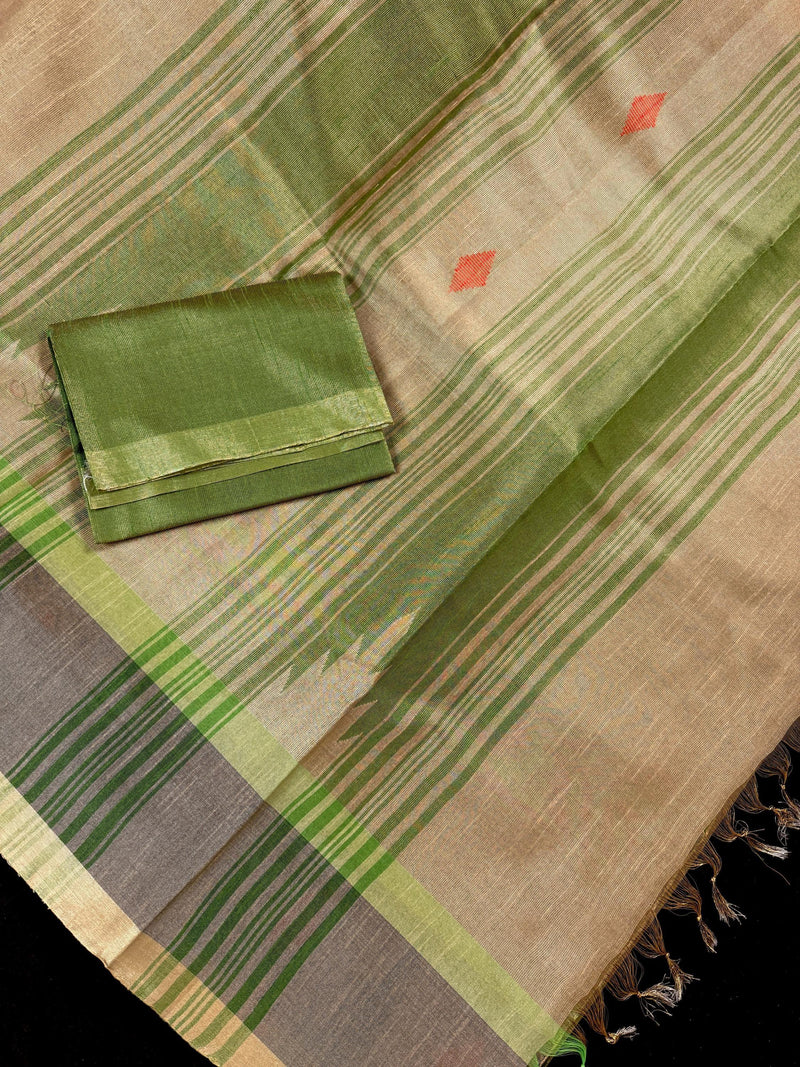 Handwoven Statement Greenish Gold Pure Pure Tussar Tissue Saree with Temple Border - Kaash