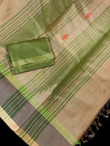 Handwoven Statement Greenish Gold Pure Tussar Tissue Saree with Temple Border - Kaash