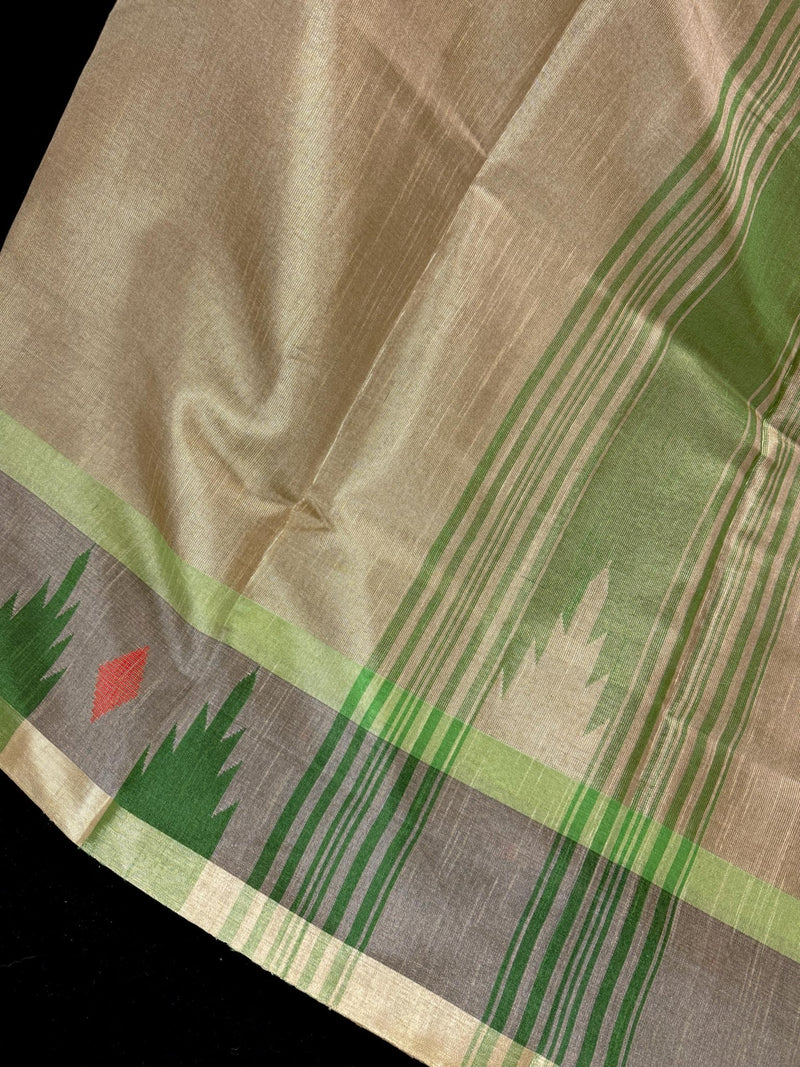 Handwoven Statement Greenish Gold Pure Tussar Tissue Saree with Temple Border - Kaash