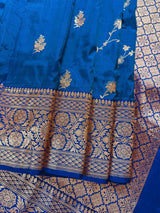 Silk Mark Certified Teal Blue with Dark Blue Border saree in pure katan silk with kadhua weave half-and-half design — Kaash Collection