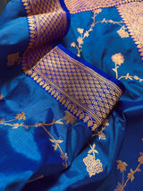 Silk Mark Certified Teal Blue with Dark Blue Border saree in pure katan silk with kadhua weave half-and-half design — Kaash Collection