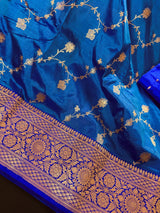 Silk Mark Certified Teal Blue with Dark Blue Border saree in pure katan silk with kadhua weave half-and-half design — Kaash Collection
