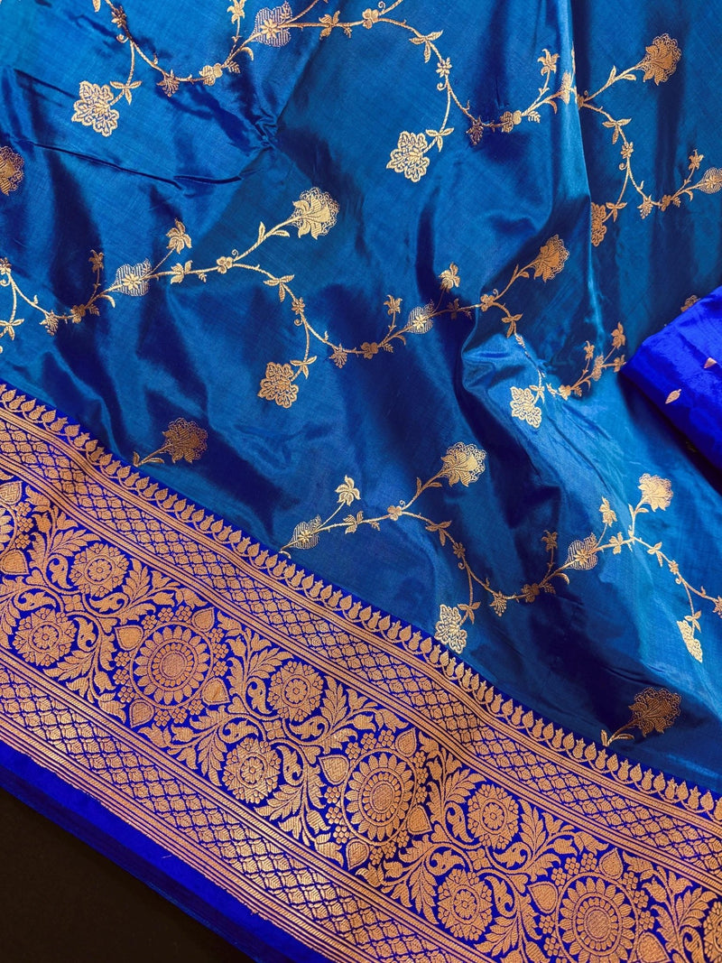 Silk Mark Certified Teal Blue with Dark Blue Border saree in pure katan silk with kadhua weave half-and-half design — Kaash Collection