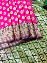 Hot Pink and Green Traditional Banarasi Silk Handloom Saree - Kaash