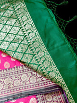 Hot Pink and Green Traditional Banarasi Silk Handloom Saree - Kaash