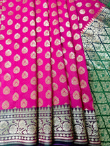 Hot Pink and Green Traditional Banarasi Silk Handloom Saree - Kaash