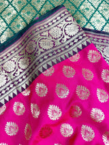 Hot Pink and Green Traditional Banarasi Silk Handloom Saree - Kaash