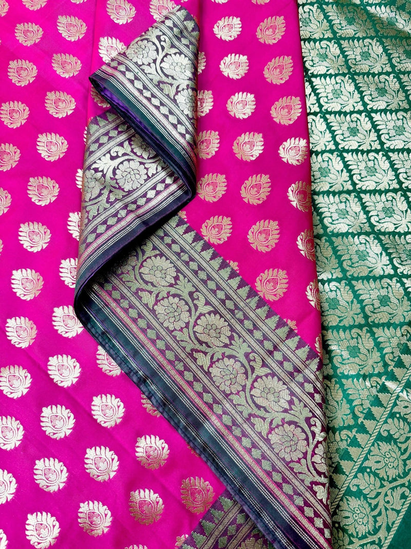 Hot Pink and Green Traditional Banarasi Silk Handloom Saree - Kaash