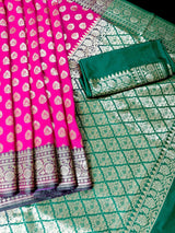 Hot Pink and Green Traditional Banarasi Silk Handloom Saree - Kaash