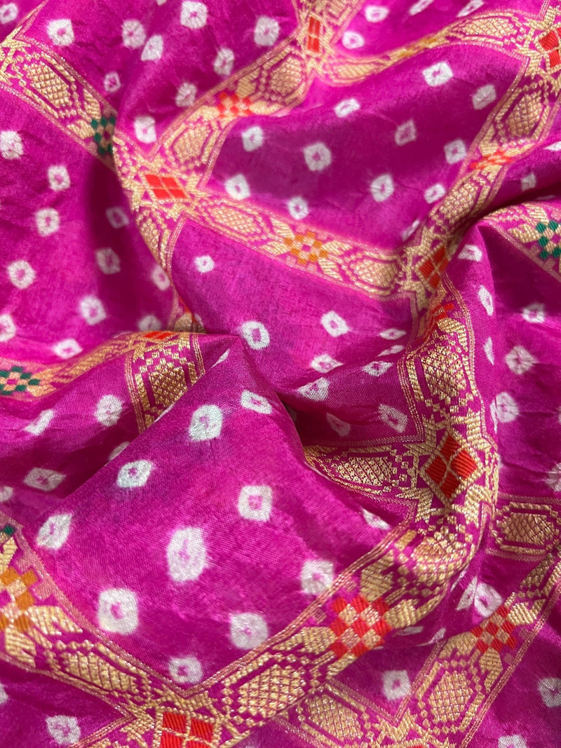 Hot Pink Banarasi Dupion Bandhej saree in banarasi semi dupion silk with bandhej tie-dye with meenakari work — Kaash Collection