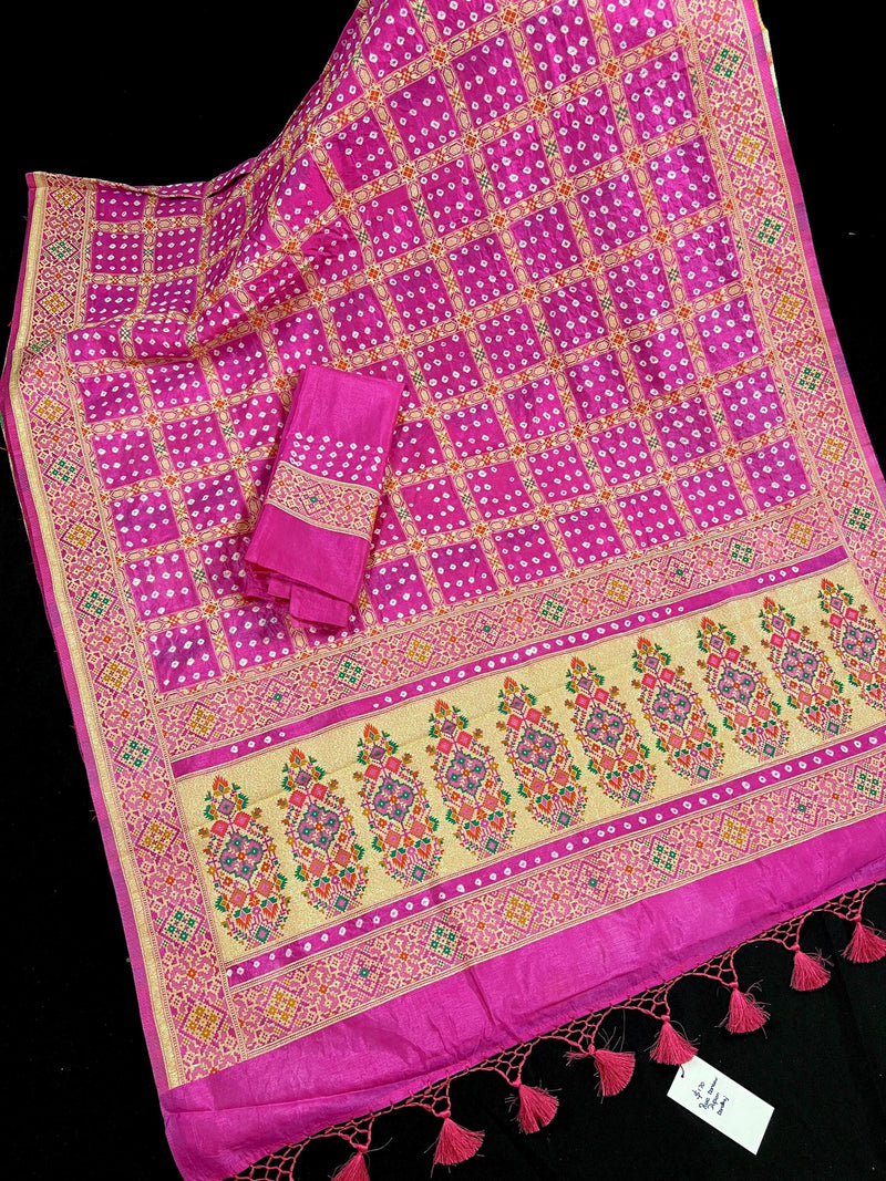 Hot Pink Color Banarasi Dupion Silk Saree | Pink Color Bandhej Saree | Minakari Work | Muted Zari Weave | Authentic Bandhani Saree - Kaash