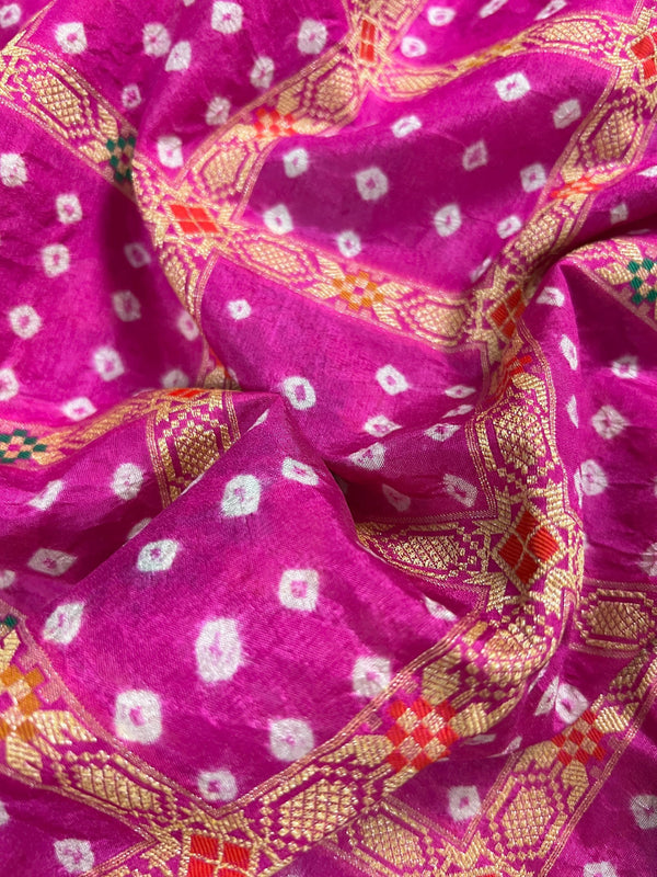 Hot Pink Color Banarasi Dupion Silk Saree | Pink Color Bandhej Saree | Minakari Work | Muted Zari Weave | Authentic Bandhani Saree - Kaash