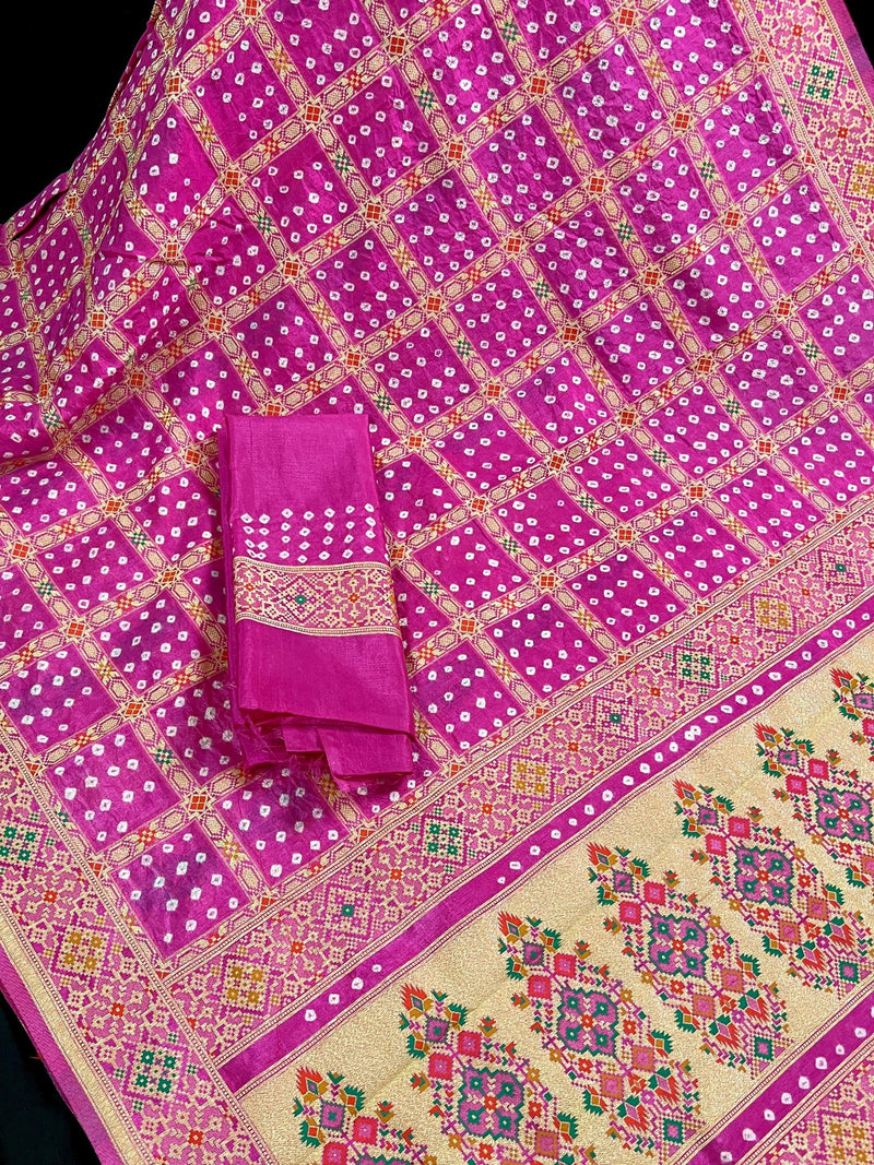 Hot Pink Color Banarasi Dupion Silk Saree | Pink Color Bandhej Saree | Minakari Work | Muted Zari Weave | Authentic Bandhani Saree - Kaash