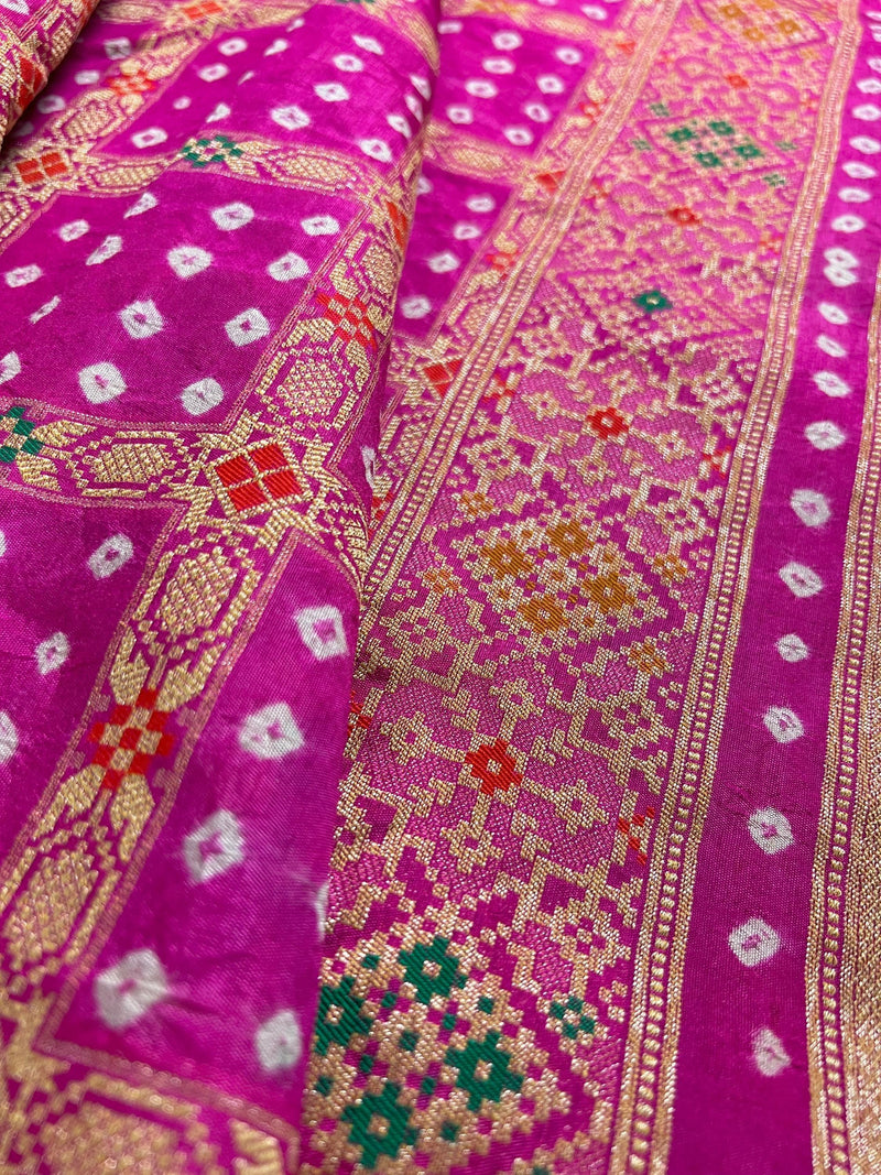Hot Pink Color Banarasi Dupion Silk Saree | Pink Color Bandhej Saree | Minakari Work | Muted Zari Weave | Authentic Bandhani Saree - Kaash