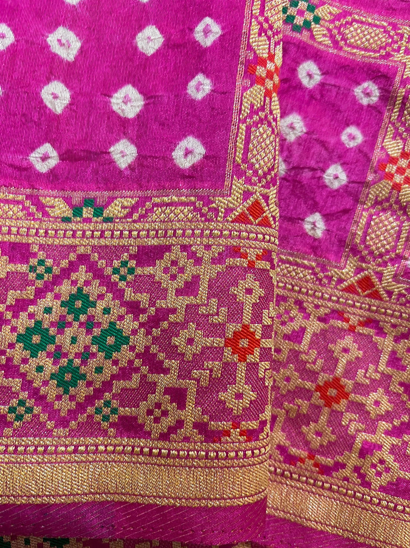 Hot Pink Color Banarasi Dupion Silk Saree | Pink Color Bandhej Saree | Minakari Work | Muted Zari Weave | Authentic Bandhani Saree - Kaash