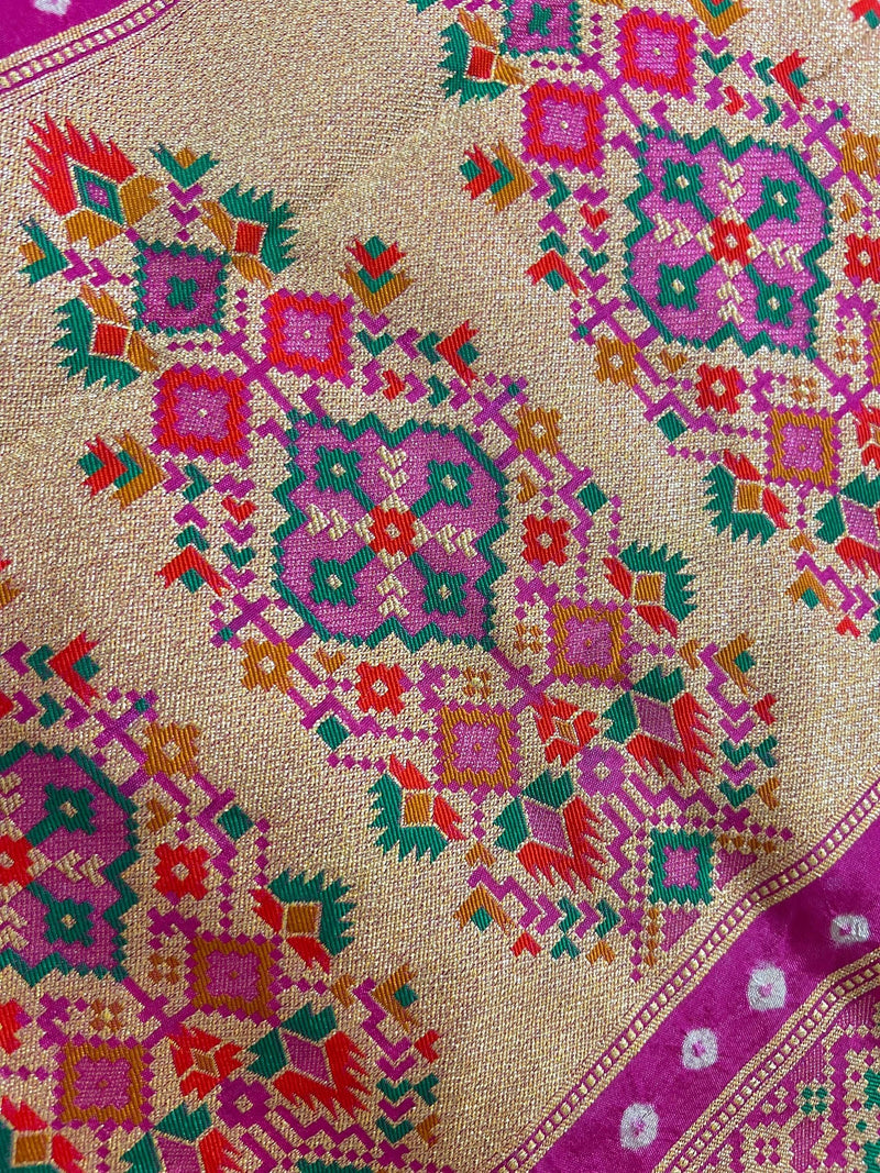 Hot Pink Color Banarasi Dupion Silk Saree | Pink Color Bandhej Saree | Minakari Work | Muted Zari Weave | Authentic Bandhani Saree - Kaash