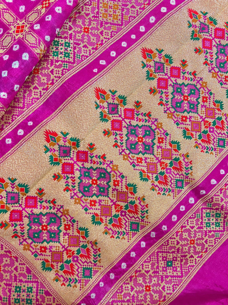 Hot Pink Color Banarasi Dupion Silk Saree | Pink Color Bandhej Saree | Minakari Work | Muted Zari Weave | Authentic Bandhani Saree - Kaash