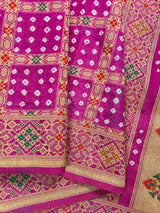 Hot Pink Color Banarasi Dupion Silk Saree | Pink Color Bandhej Saree | Minakari Work | Muted Zari Weave | Authentic Bandhani Saree - Kaash