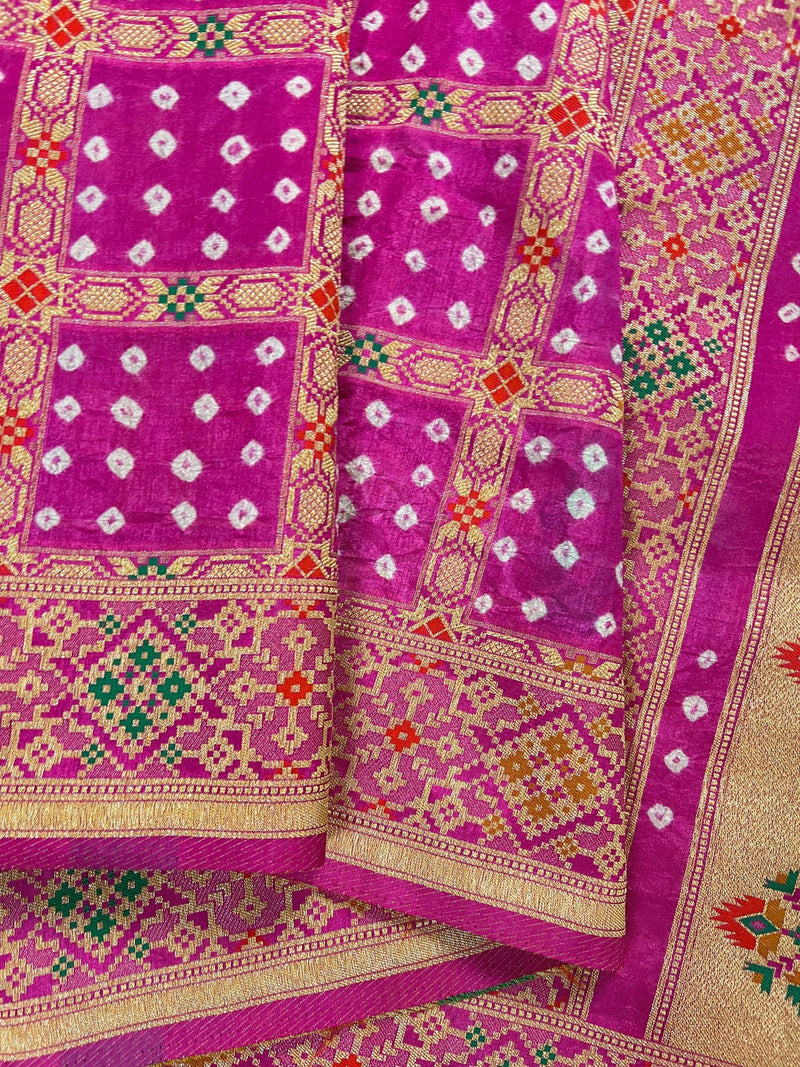 Hot Pink Color Banarasi Dupion Silk Saree | Pink Color Bandhej Saree | Minakari Work | Muted Zari Weave | Authentic Bandhani Saree - Kaash
