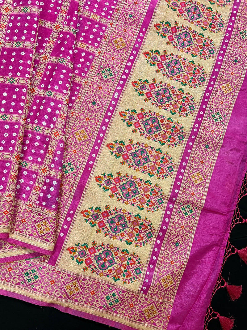 Hot Pink Color Banarasi Dupion Silk Saree | Pink Color Bandhej Saree | Minakari Work | Muted Zari Weave | Authentic Bandhani Saree - Kaash