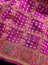 Hot Pink Color Banarasi Dupion Silk Saree | Pink Color Bandhej Saree | Minakari Work | Muted Zari Weave | Authentic Bandhani Saree - Kaash