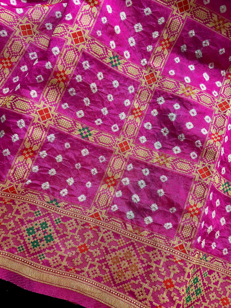 Hot Pink Color Banarasi Dupion Silk Saree | Pink Color Bandhej Saree | Minakari Work | Muted Zari Weave | Authentic Bandhani Saree - Kaash