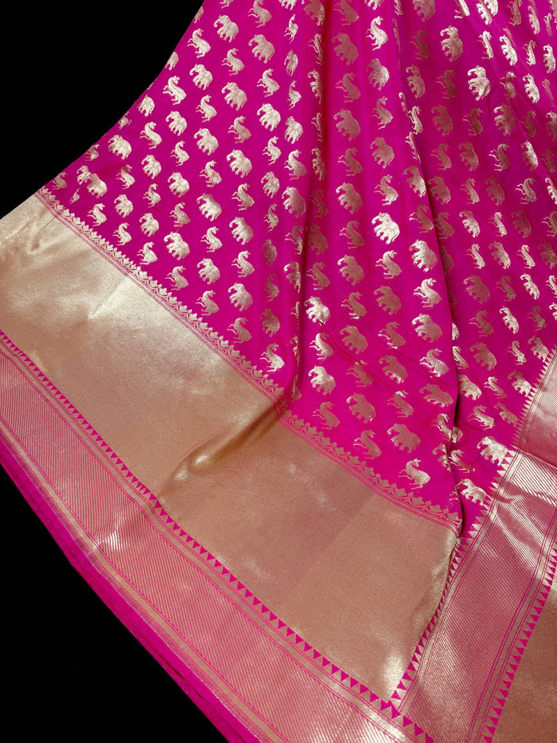Hot Pink Color Banarasi Silk Shikargarh Saree with Gold Zari Weave - Kaash