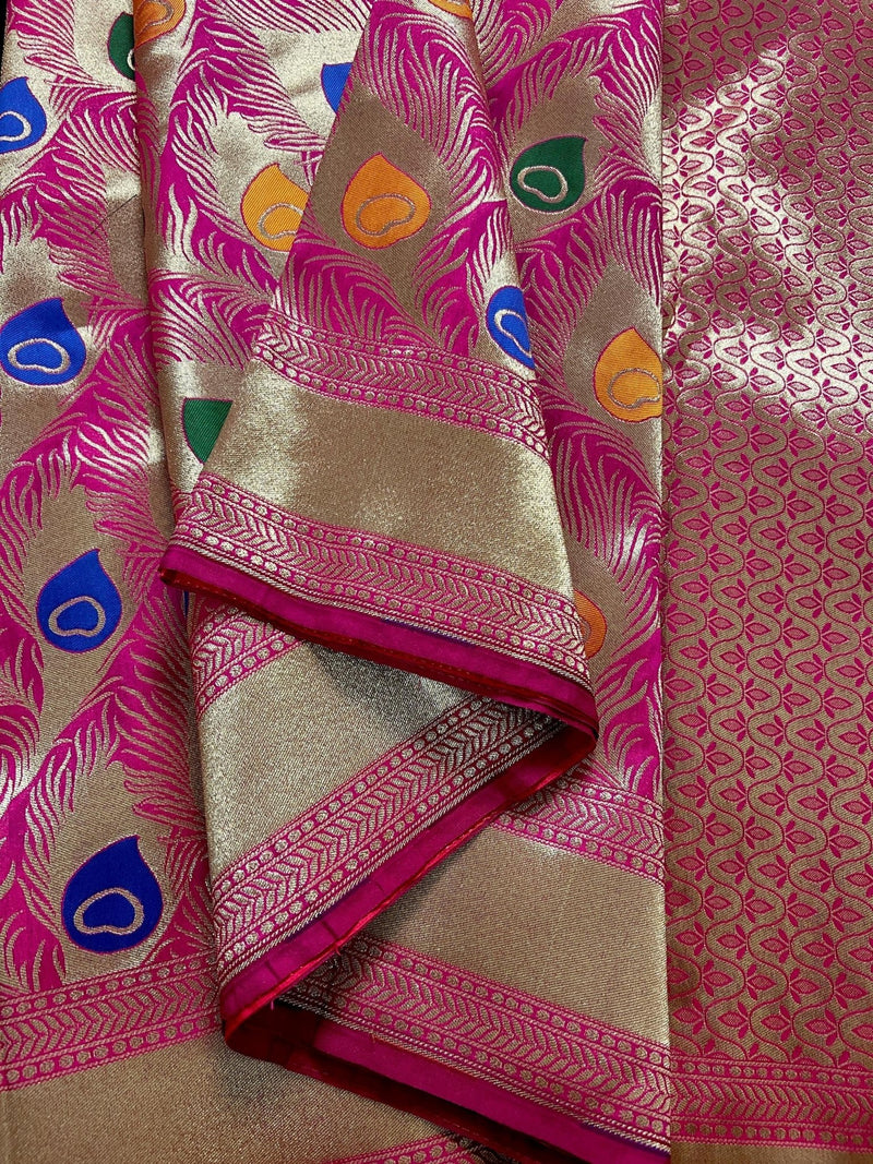 Hot Pink Color Morpankh Saree Traditional Banarasi Silk Handloom Saree with Gold Zari Weave - Kaash