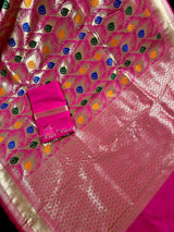 Hot Pink Color Morpankh Saree Traditional Banarasi Silk Handloom Saree with Gold Zari Weave - Kaash