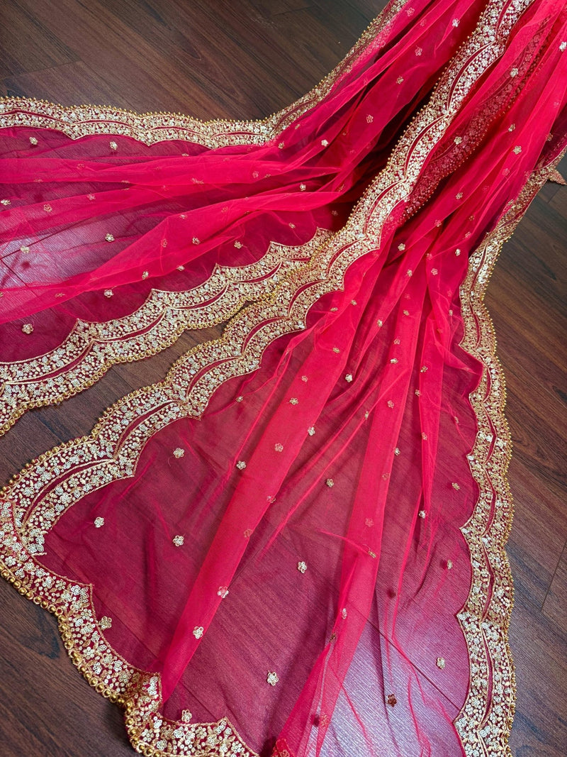 Hot Pink Color Net Dupatta with Zari, Sequin and Beads - Kaash