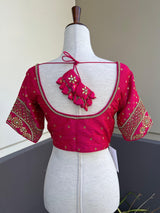 Hot Pink (with Tint of Orange) Raw Silk ready-to-wear blouse with handwork with beads — Kaash Collection