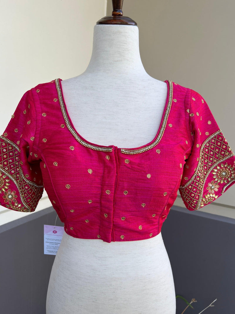 Hot Pink (with Tint of Orange) Raw Silk ready-to-wear blouse with handwork with beads — Kaash Collection