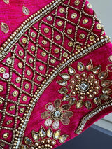 Hot Pink (with Tint of Orange) Raw Silk ready-to-wear blouse with handwork with beads — Kaash Collection