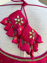 Hot Pink (with Tint of Orange) Raw Silk ready-to-wear blouse with handwork with beads — Kaash Collection