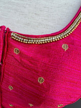 Hot Pink (with Tint of Orange) Raw Silk ready-to-wear blouse with handwork with beads — Kaash Collection