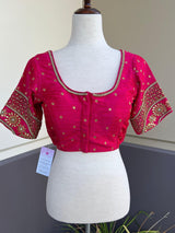 Hot Pink (with Tint of Orange) Raw Silk ready-to-wear blouse with handwork with beads — Kaash Collection