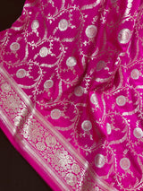 Hot Pink Banarasi saree in handloom banarasi semi pure mashru saree with gold & silver zari weave on mashru — Kaash Collection