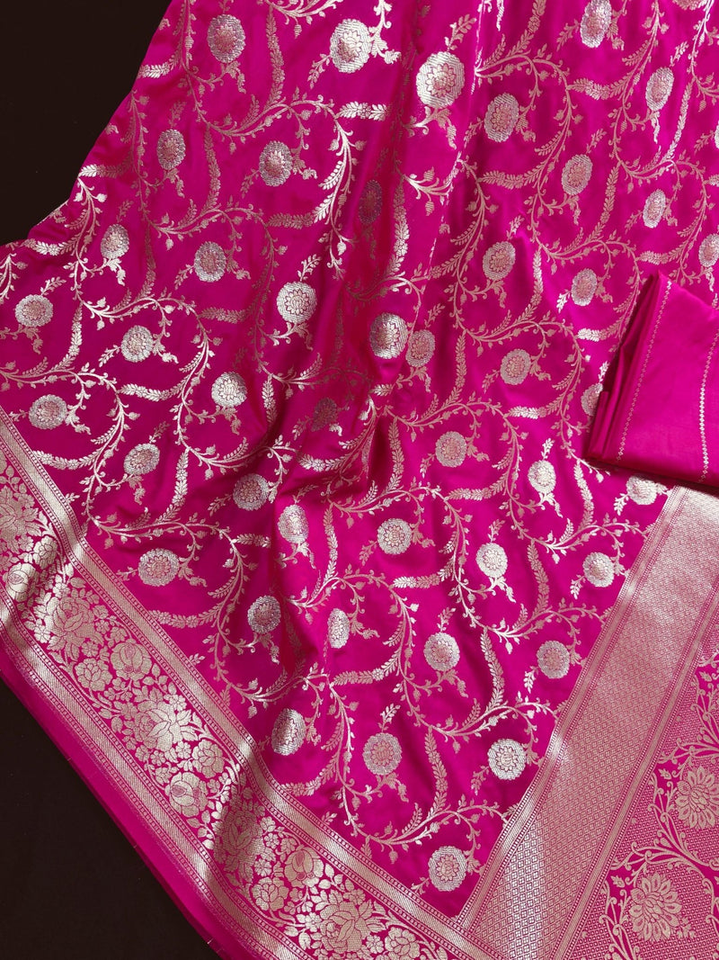 Hot Pink Banarasi saree in handloom banarasi semi pure mashru saree with gold & silver zari weave on mashru — Kaash Collection