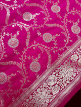 Hot Pink Banarasi saree in handloom banarasi semi pure mashru saree with gold & silver zari weave on mashru — Kaash Collection