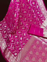 Hot Pink Banarasi saree in handloom banarasi semi pure mashru saree with gold & silver zari weave on mashru — Kaash Collection