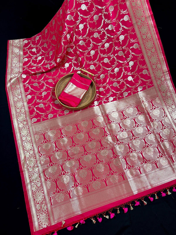 Hot Pink Color Semi Pure Mashru Silk Handloom Saree with Gold and Sliver Zari Weave - Banarasi Mashru Silk Saree - Kaash