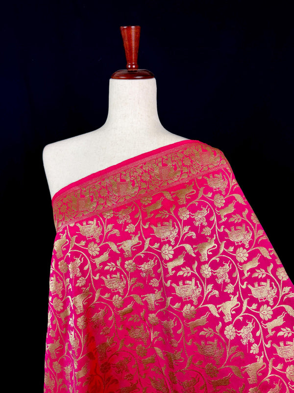 Hot Pink Color Shikargah Dupatta Semi Banarasi Silk Dupatta | Benarasi Dupatta | Dupatta for Lehangas - Kaash