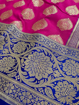 Hot Pink with Blue Banarasi saree in banarasi soft silk with grand pallu with blue satin borders — Kaash Collection
