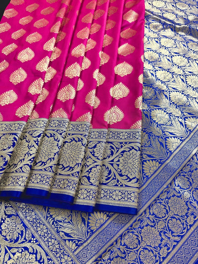 Hot Pink with Blue Banarasi saree in banarasi soft silk with grand pallu with blue satin borders — Kaash Collection
