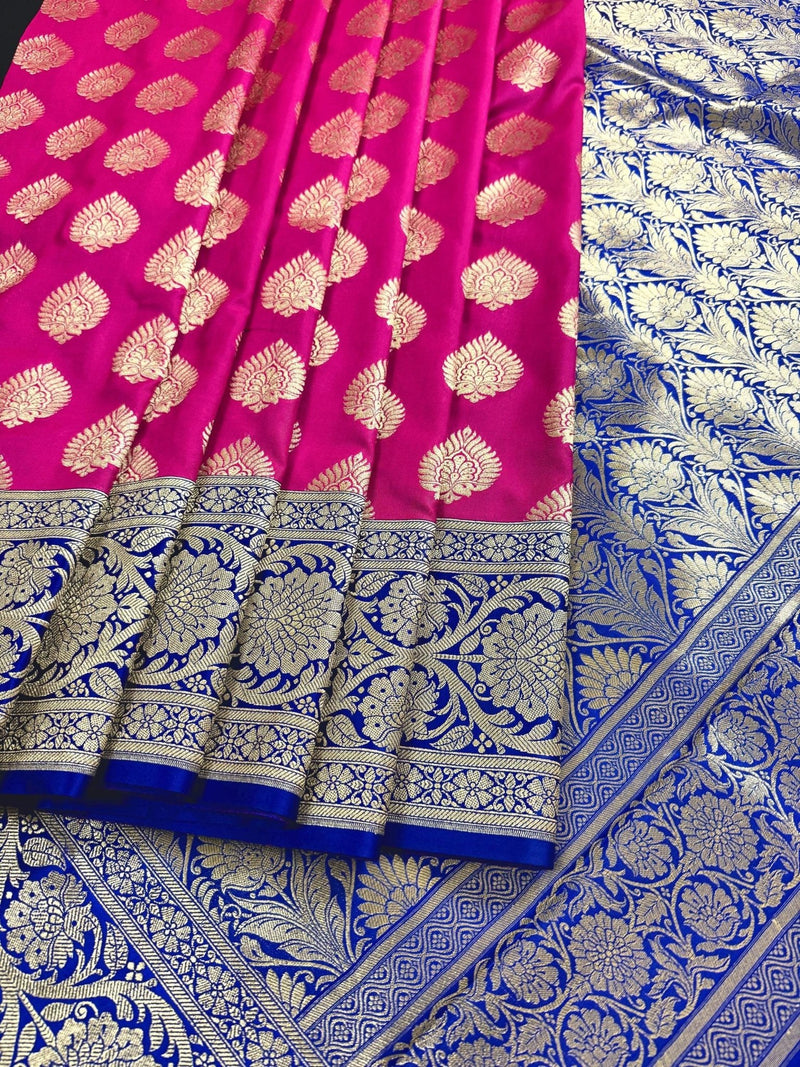 Hot Pink with Blue Banarasi saree in banarasi soft silk with grand pallu with blue satin borders — Kaash Collection