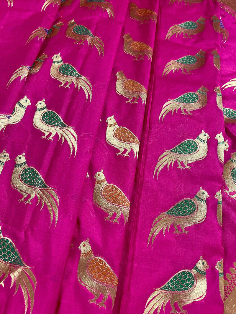 Hot Pink Color Soft Banarasi Silk Saree with Meenakari Work | Parrot Pairs Motifs with Meenakari Work | Soft Silk Sarees - Kaash