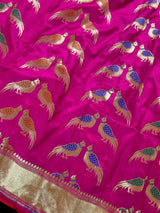 Hot Pink Color Soft Banarasi Silk Saree with Meenakari Work | Parrot Pairs Motifs with Meenakari Work | Soft Silk Sarees - Kaash