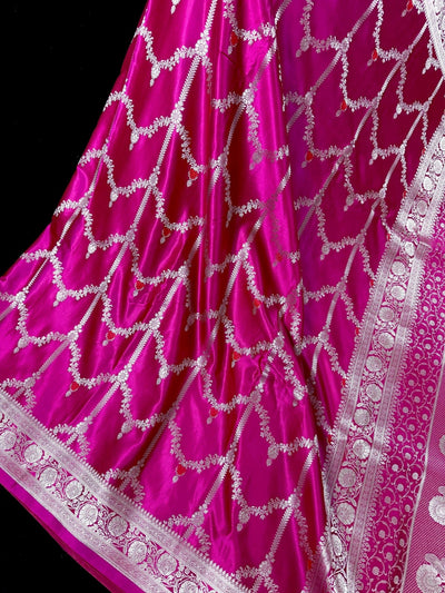Hot Pink Banarasi saree in banarasi semi pure mashru with silver zari weave with red meenakari necklace design — Kaash Collection